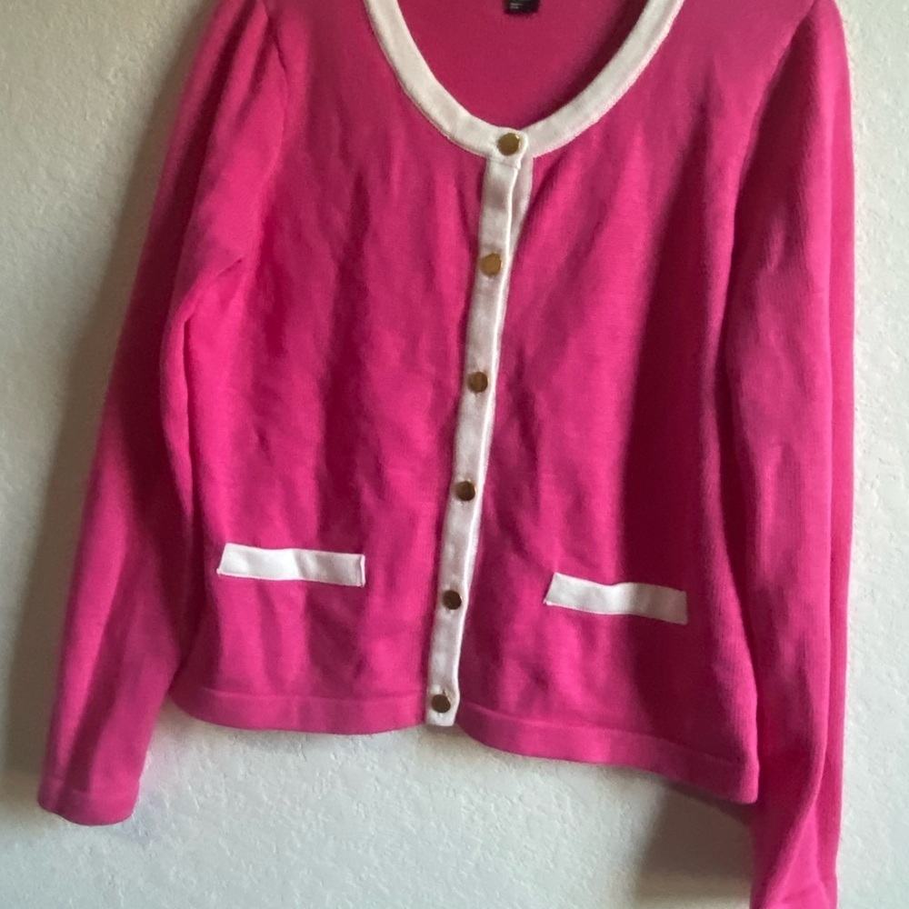 Y2K Knit Preppy Pink White Gold Button Long Sleeve Barbie Sweater Cardigan L - Picture 3 of 14